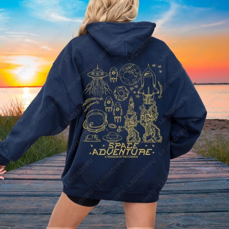 Space Adventure Cosmic Gift for Stargazers Sweatshirt Celestial Y2K Rocket Ship Exploration UFO Pullover Men Women Warm Hoodie