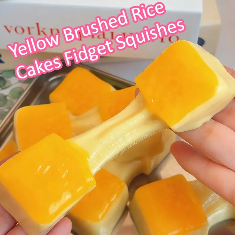 Taba Squishy Yellow Pastelitos de Arroz Cepillado, Juguetes Sensoriales de Silicona de Imitación, Comida Pegajosa, Postres Squishy, Juguetes para Aliviar el Estrés