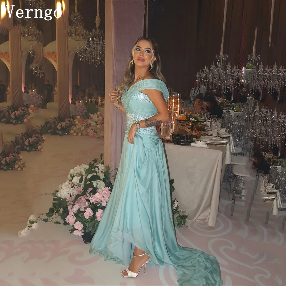 

Verngo Green Satin Sequined Dresses Designer Gala Off The Shoulder A Line Couture Evening Gown Maxi Prom Gown Customized