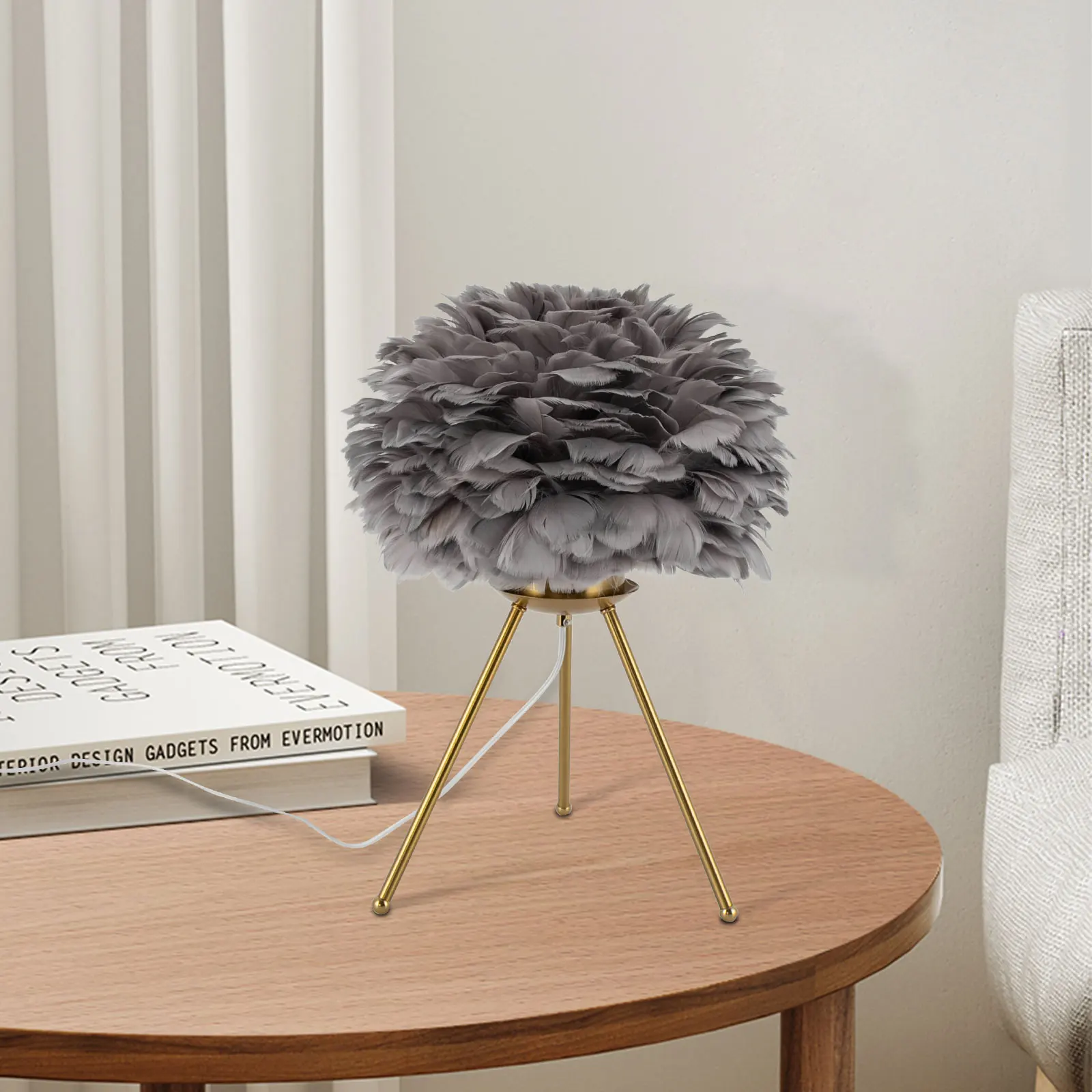 

Table Lamp with Gray Feather Design, Gold Finish, Iron & Glass Construction, Perfect for Living or Bedroom
