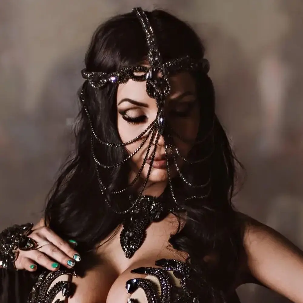 섹시한 전체 라인 석 계층화 된 가장 무도회 마스크 얼굴 보석 여성 크리스탈 술 체인 저녁 파티 의상 코스프레 댄스 파티 카니발