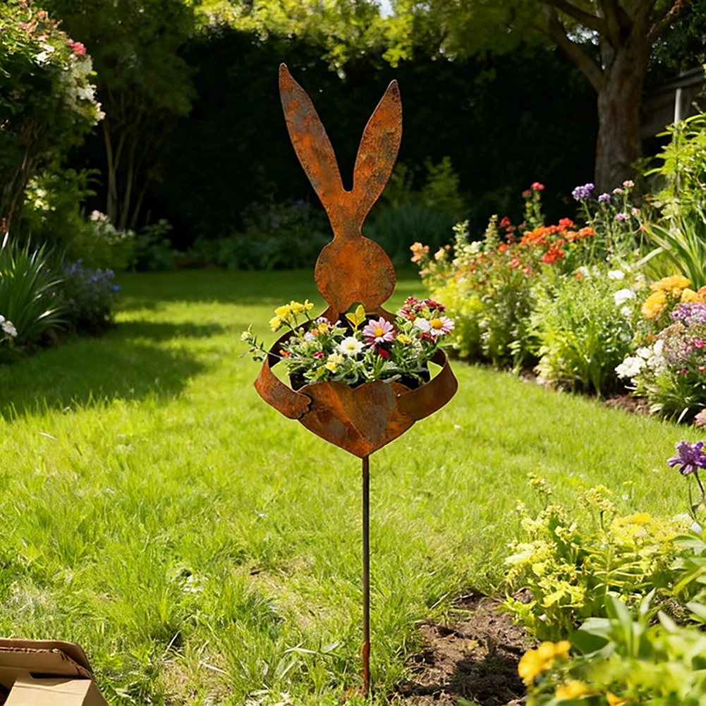 Rusty Rabbits Garden Ornament Rustic Metal Rabbits Garden Stake For Garden Yard Backyard
