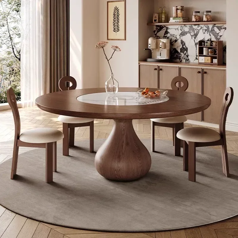 Retro Solid Wood Round Dining Table with Built-in Automatic Rotating Induction Cooker and Vegetable Warming Turntable for