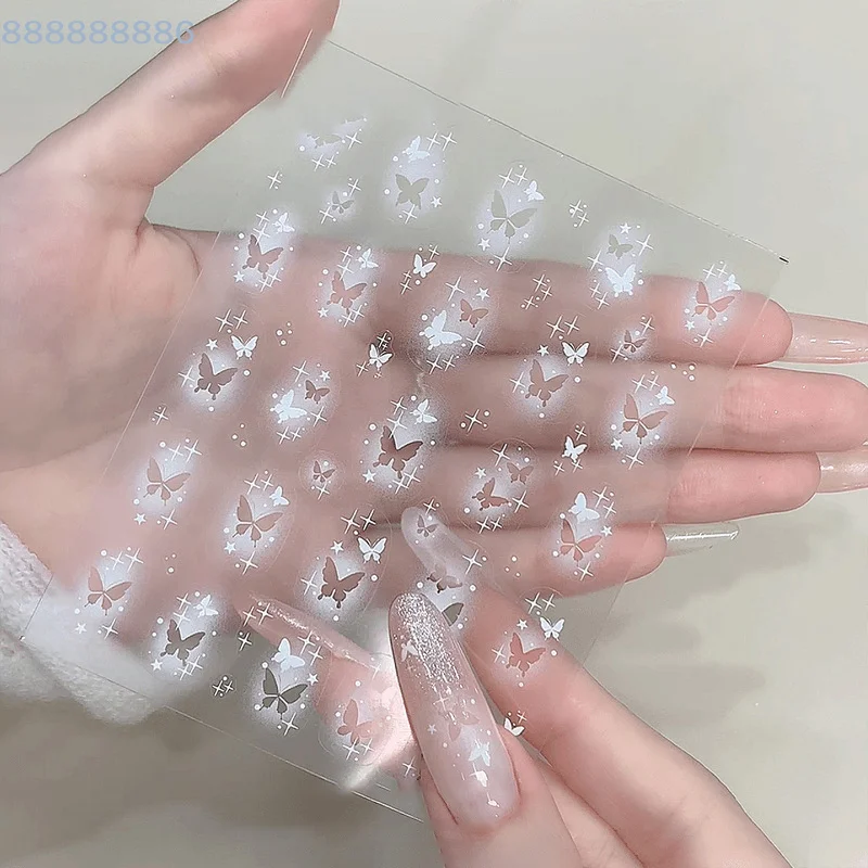 [B]White Butterfly Silver Hollowed  Dyeing Smudging Flower Embossed Nail Art Stickers Manicure Decals