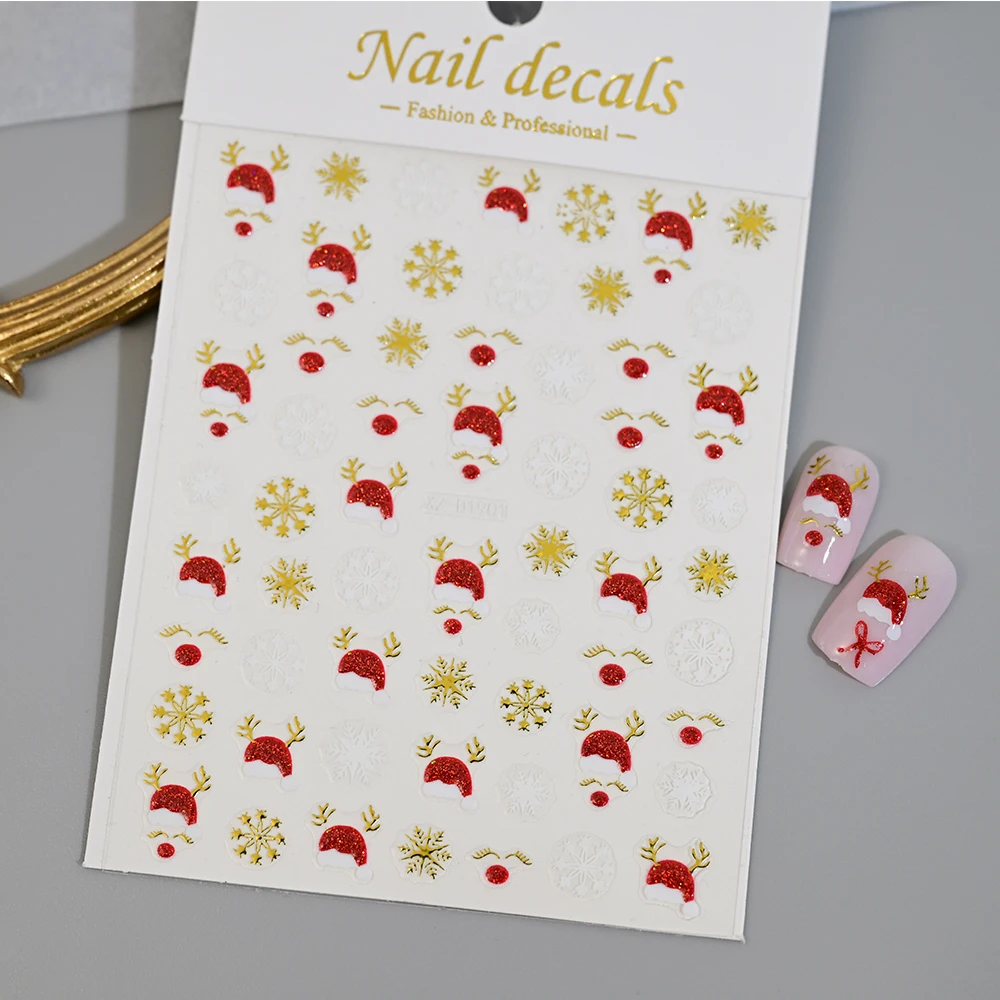 1 pz 3D rosso glitter Babbo Natale alce stella nail art adesivo cervo fiocchi di neve cursori per unghie di Natale per l'inverno Natale manicure decalcomania