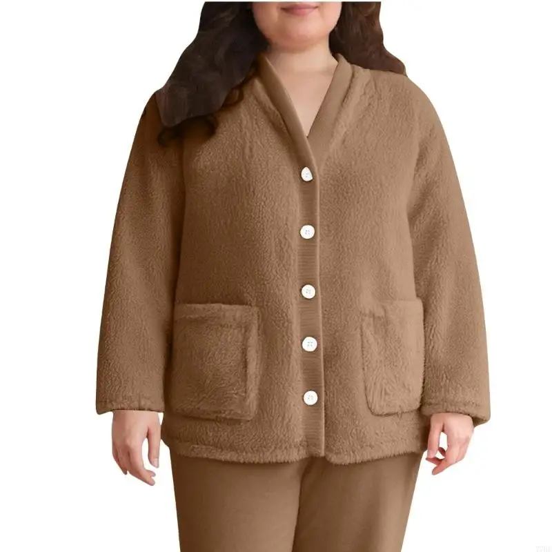 

77HE Женская флисовая куртка из пушистого флиса, пижамные топы с v-образным вырезом, одежда для сна на пуговицах, плюшевое с и