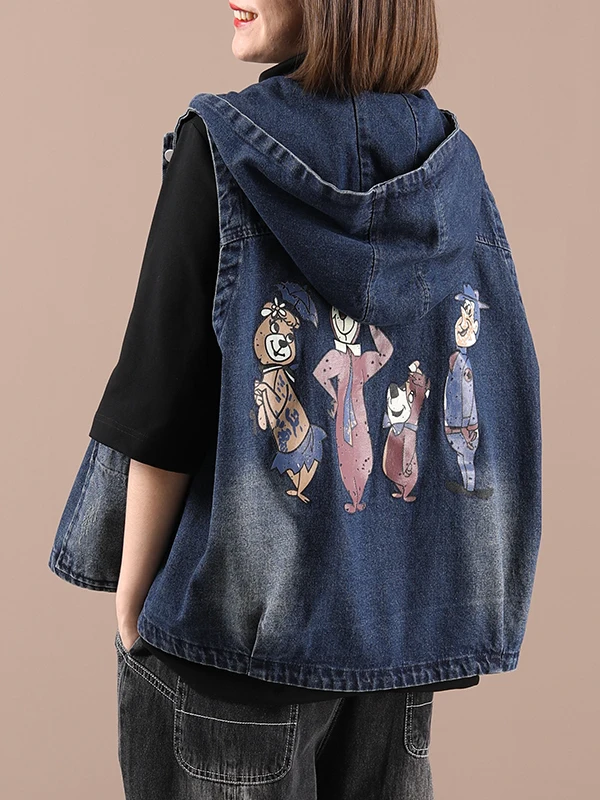 

Women's Loose Casual Denim Vest Printed Hooded Loose Jeans Top Regular Fit Autumn Season Faion Ladies' Jaet