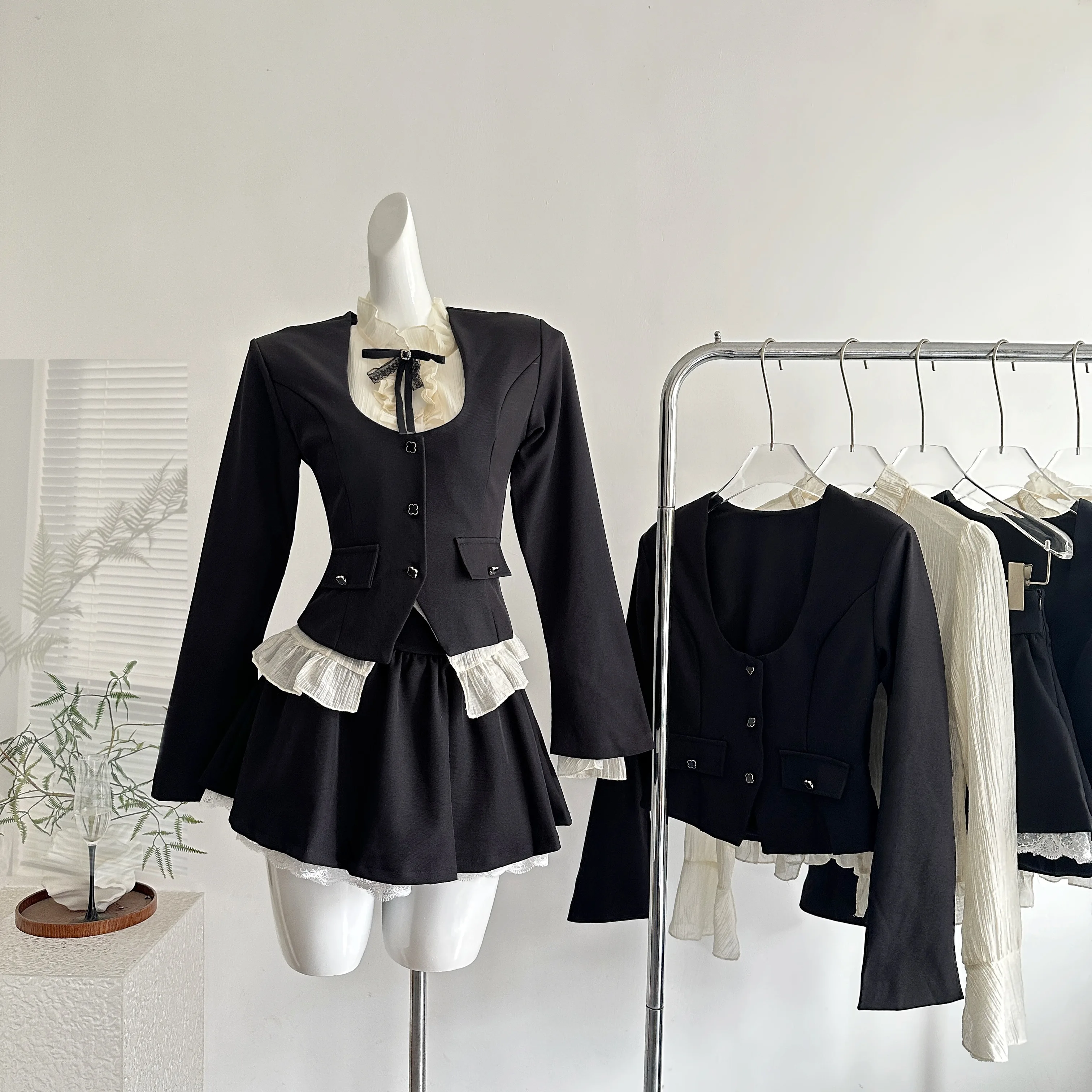 

Осенний французский элегантный костюм для рабочего места, комплект из 3 предметов, женская рубашка с рюшами + однобортное пальто + мини-юбка, шикарный комплект для офиса и леди