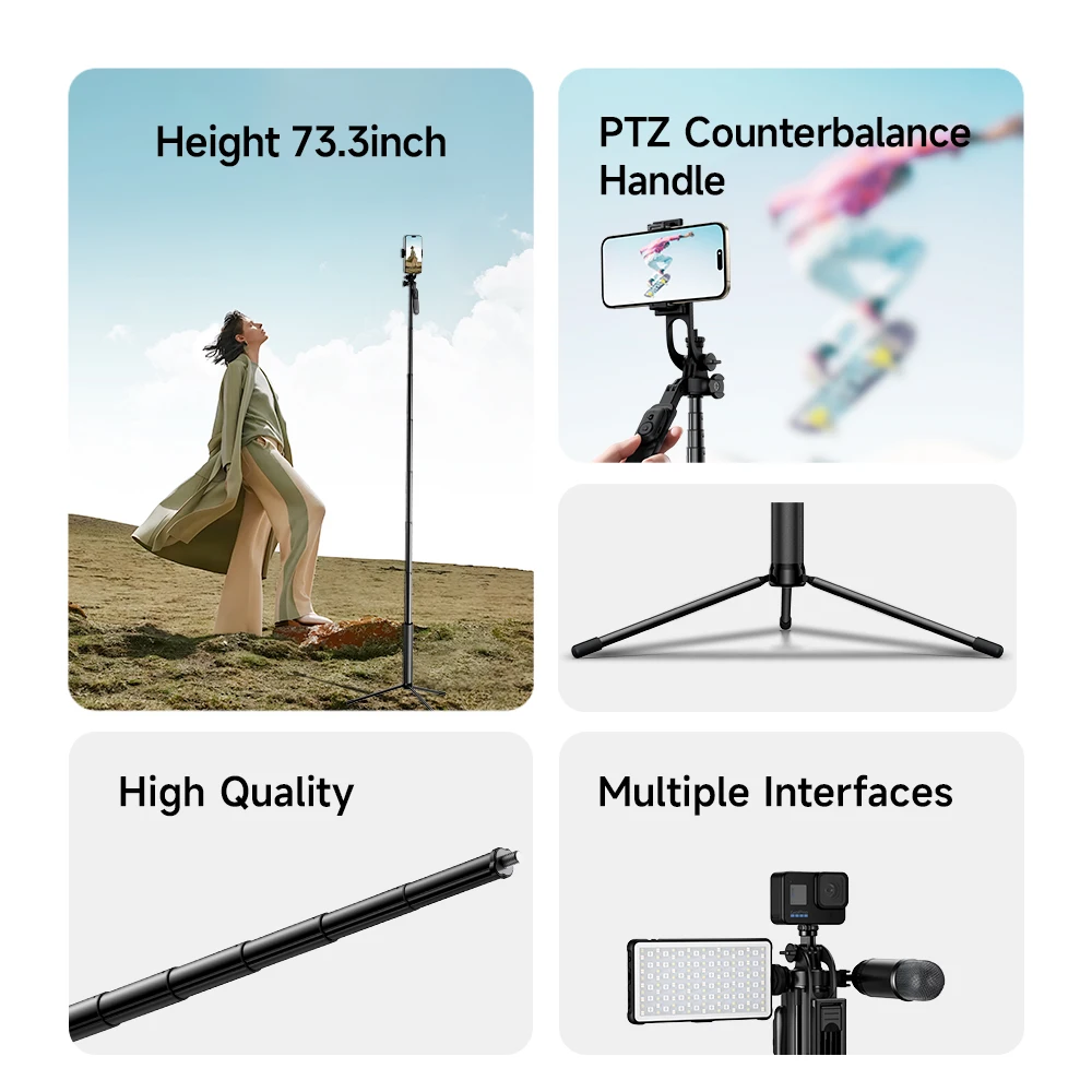 W&P Long Selfie Stick Tripod 73 Inch Extendable Remote Control with Light and Phone Holder for iPhone Samsung Huawei Android