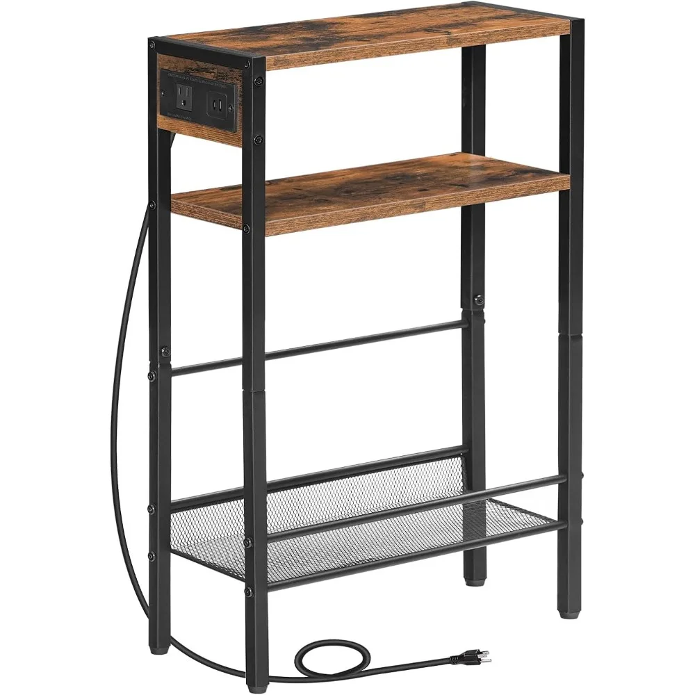 

Slim Side Table with Charging Station, USB Ports, and Storage Shelves for Small Spaces in Rustic Brown and Black