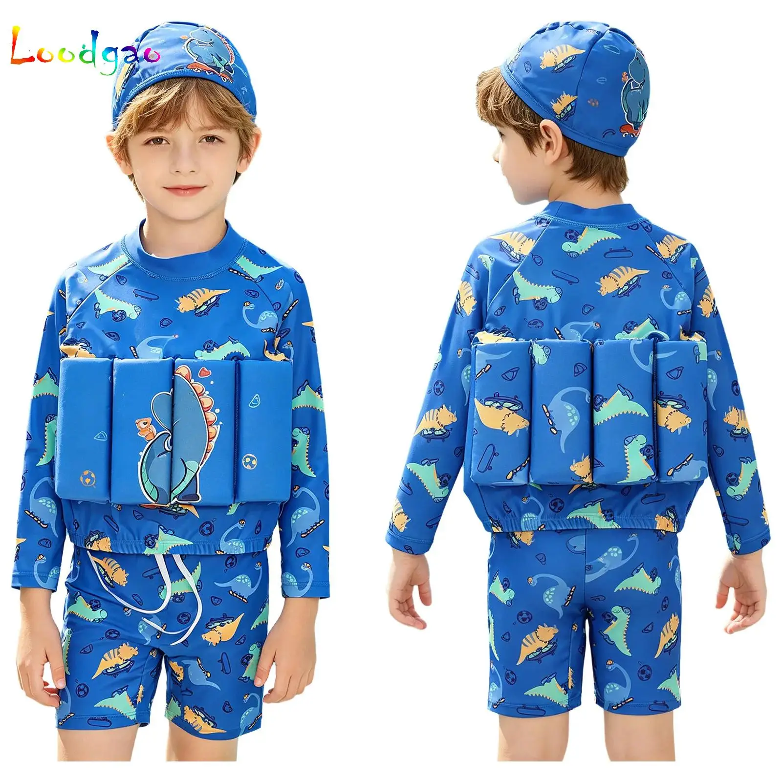 

Kids Boys Swimsuit with Floatation Floating Bathing Suit Long Sleeve Buoyancy Top with Shorts And Swim Cap for Summer Beachwear
