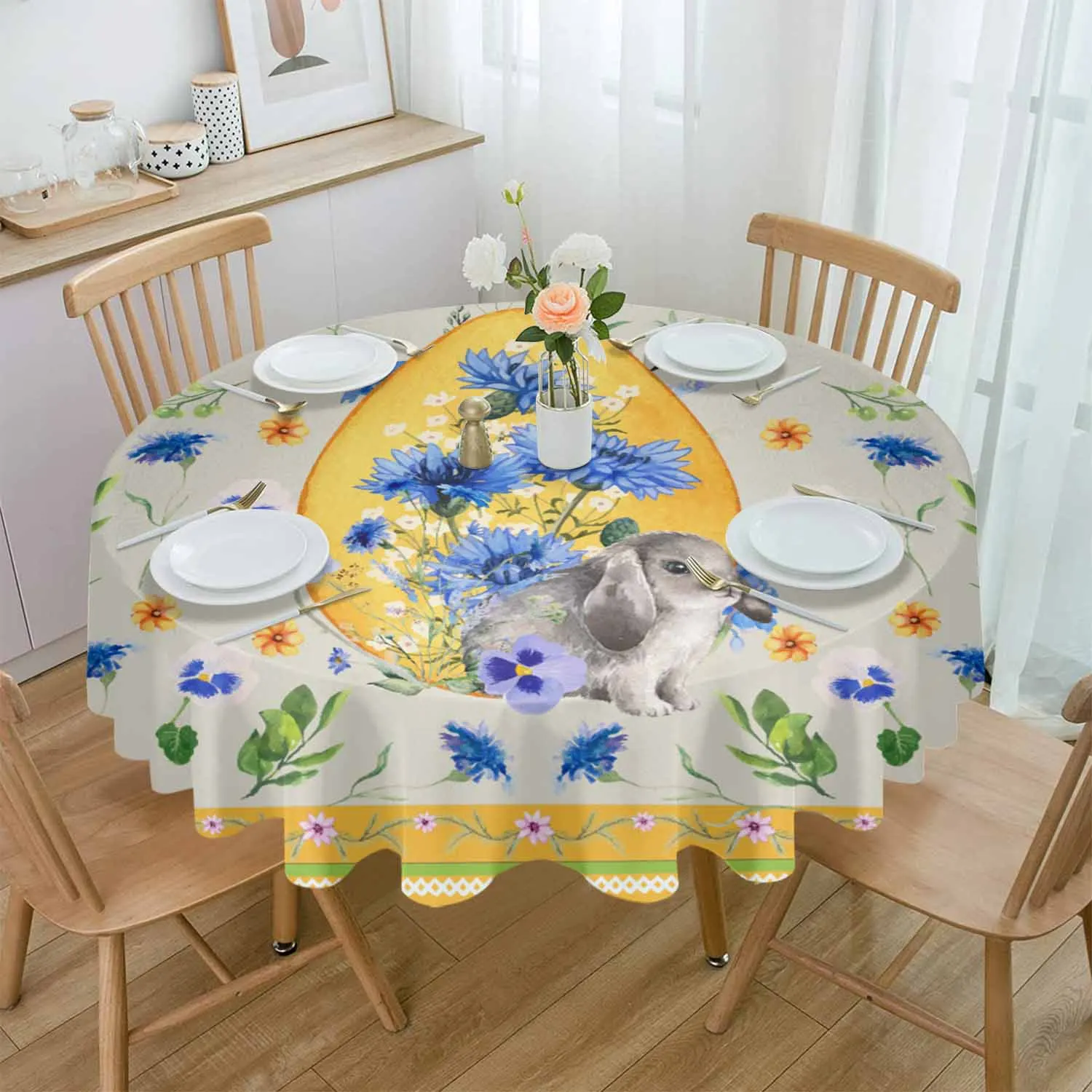 Retro Rabbit Easter Flower Waterproof Tablecloth Table Decoration Wedding Home Kitchen Dining Room Round Table