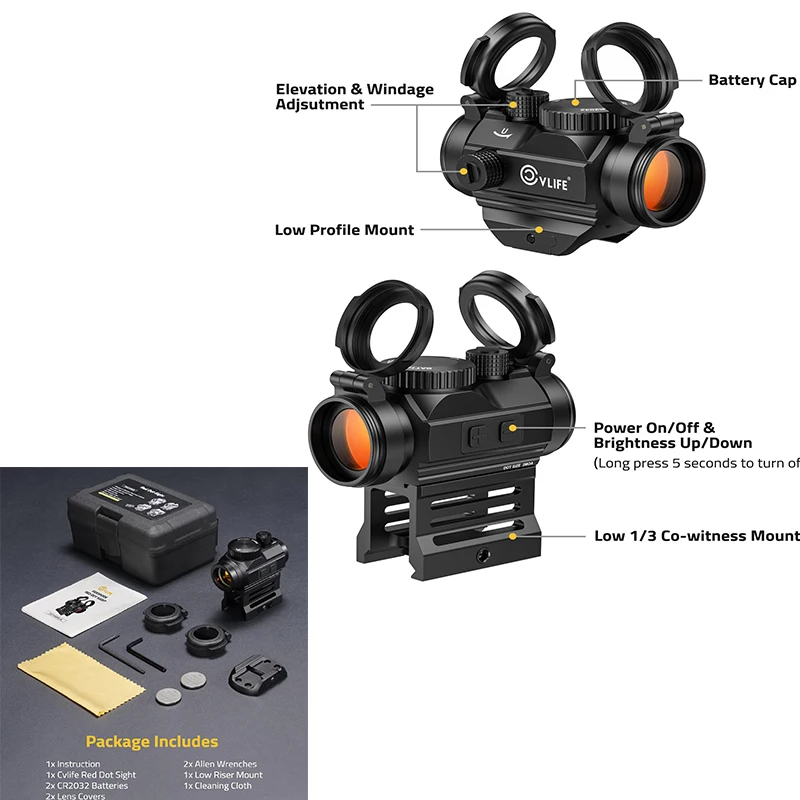 

CVLIFE Red Dot Sight 2 MOA Reflex Scope Auto On & Off 1x20mm Optics with Low Profile and Lower 1/3 Co-Witness Mount for Huning