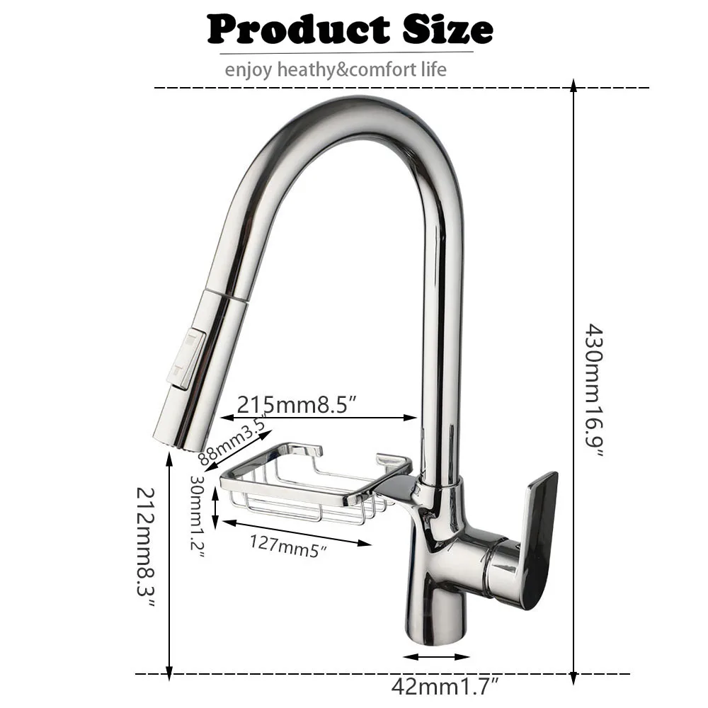 KEMAIDI Kitchen Faucet w/ Storage Basket High Arc Stainless Steel Kitchen Sink Faucets 2 Function Pull Out Mixer Tap Deck Mount