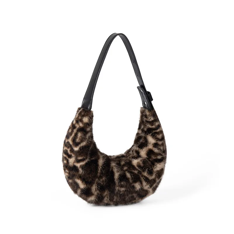 Fashionable new leopard print handbag spring and summer versatile women's winter furry half-moon armpit bag party lipstick key b