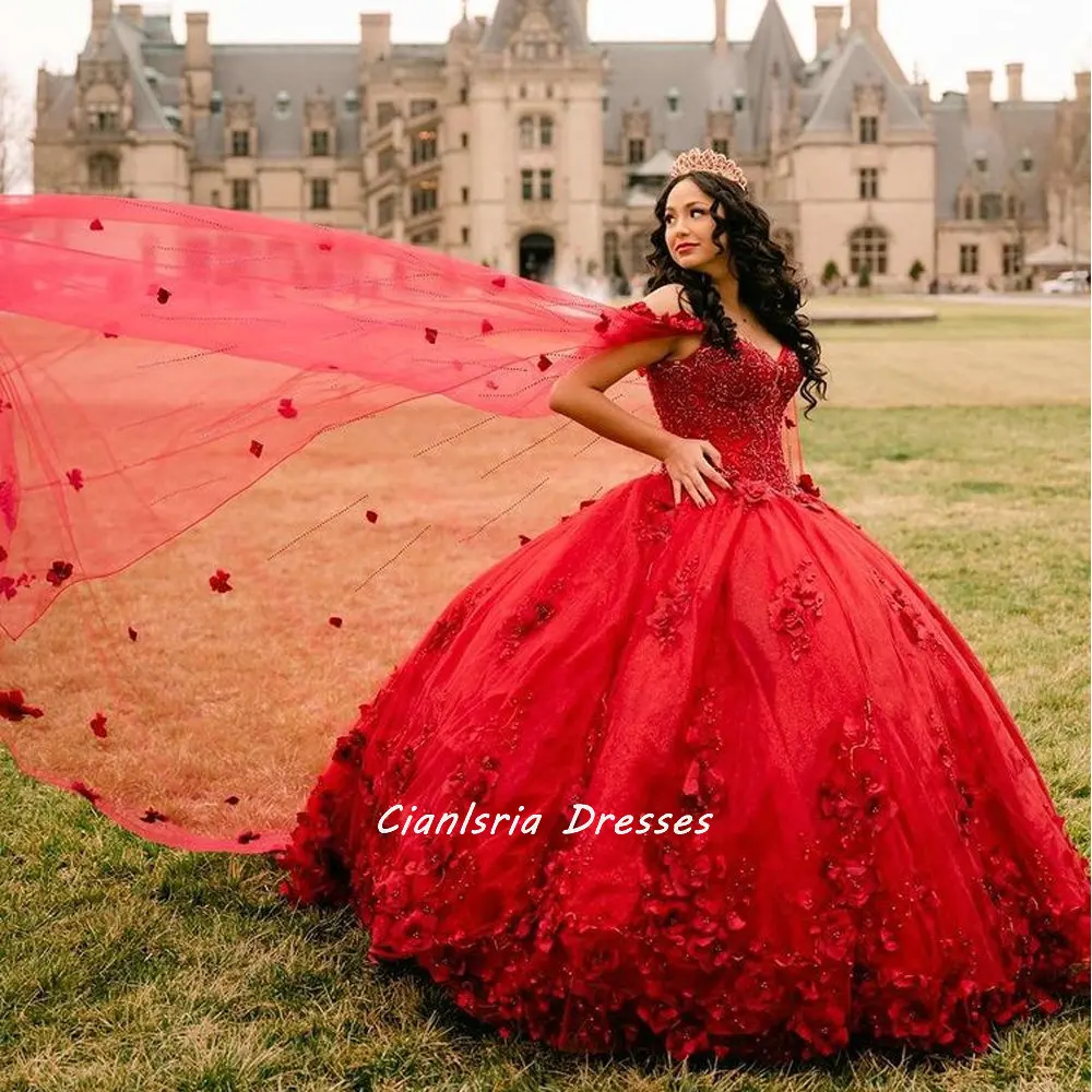 Vestido de quinceañera hecho a mano con flores, rojo, 3D, con capa, apliques de hombro, corsé de encaje, fiesta para 15 niñas