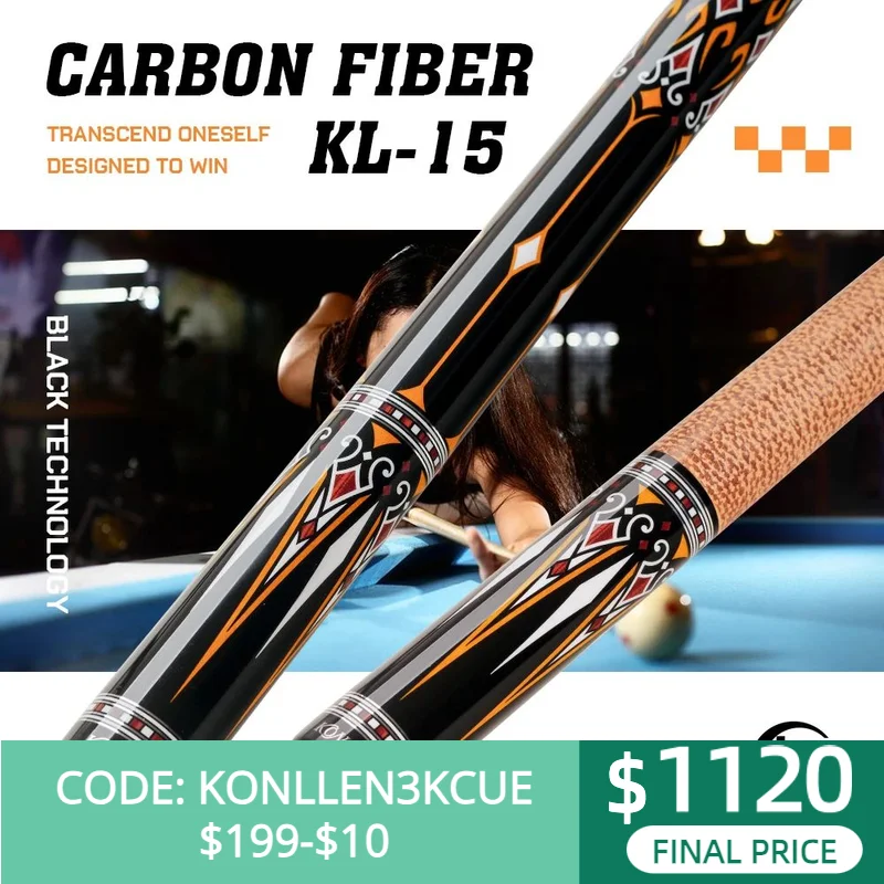 KONLLEN Carbon Fiber Pool Cue Stick 12.5mm Tip 3*8/8 Joint Pin Billiard Professional Taper Leather Grip Billar Kit with Case