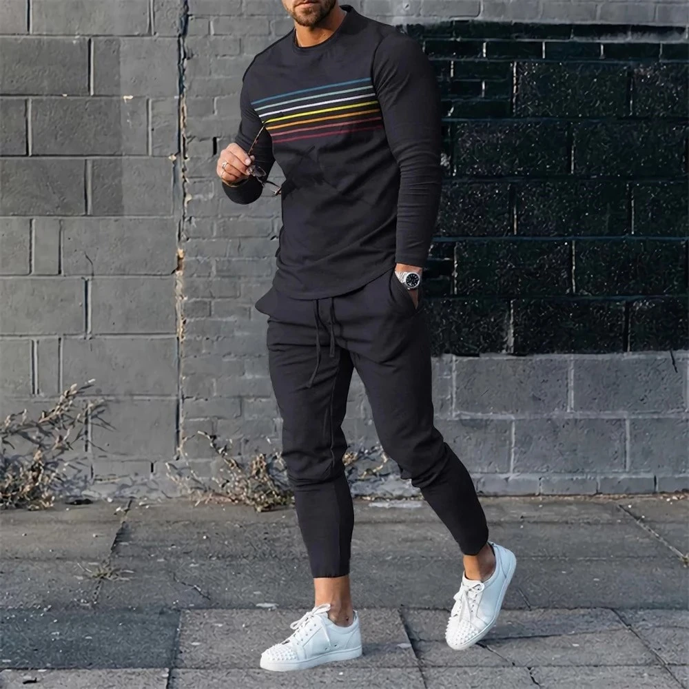 2024 New Men High Quality Long Sleeve Set for Man 3D Fashion Design Printed T-Shirt Long Pants 2Pcs Outfit Clothing Sport Suit