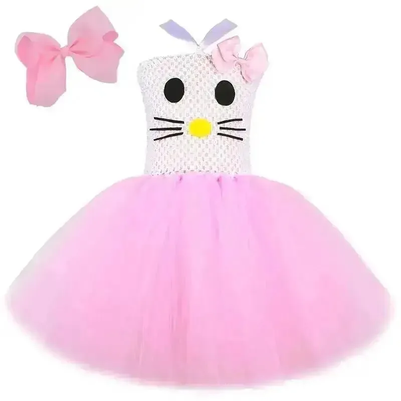 Pink Cartoon Cat Tutu Dress For Baby Girls Bow Hairclip Princess Outfit Kids Birthday Party Ballet Costume Holiday Photo Clothes