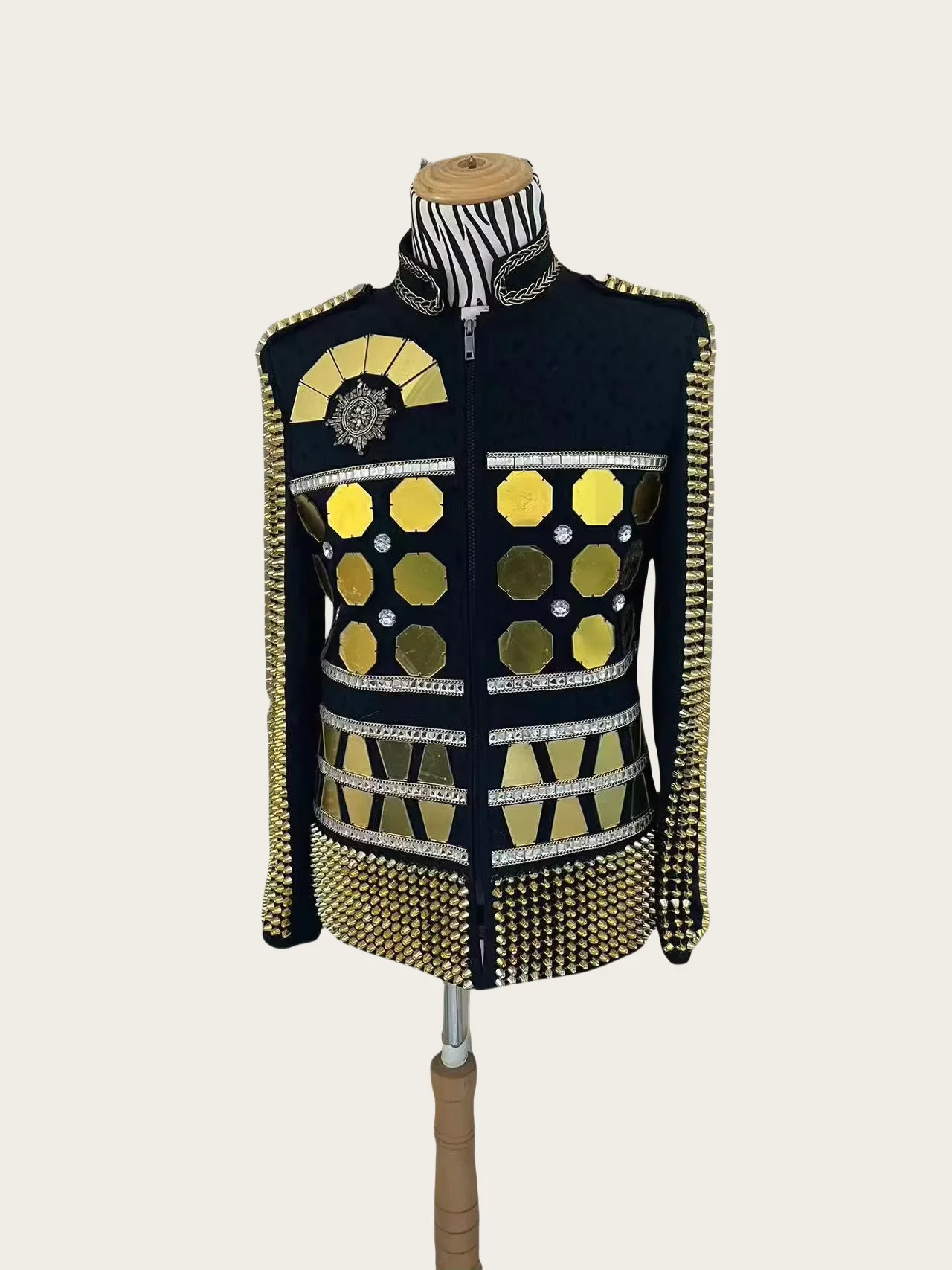 New Handmade Men's Gold Mirror Lens Rivets Jacket Party Performance Coat Nightclub Male Singer Dancer Show Stage Outfit Costumes