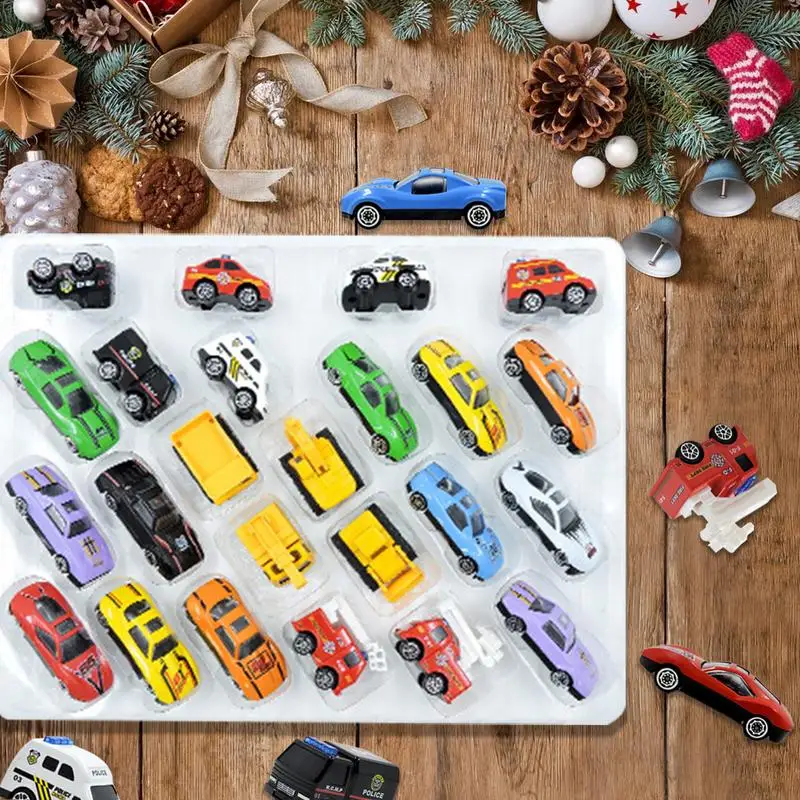 Calendário do Advento do Natal com diferentes veículos, contagem regressiva, calendários do brinquedo para crianças pequenas, mini carro do edifício, meninos