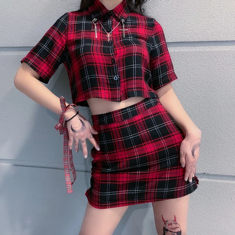 

Women's Harajuku Plaid Crop Top and Mini Skirt Set, Streetwear Shirt, Vintage Fashion, Casual, Gothic Summer Outfits, New, 2 Pcs
