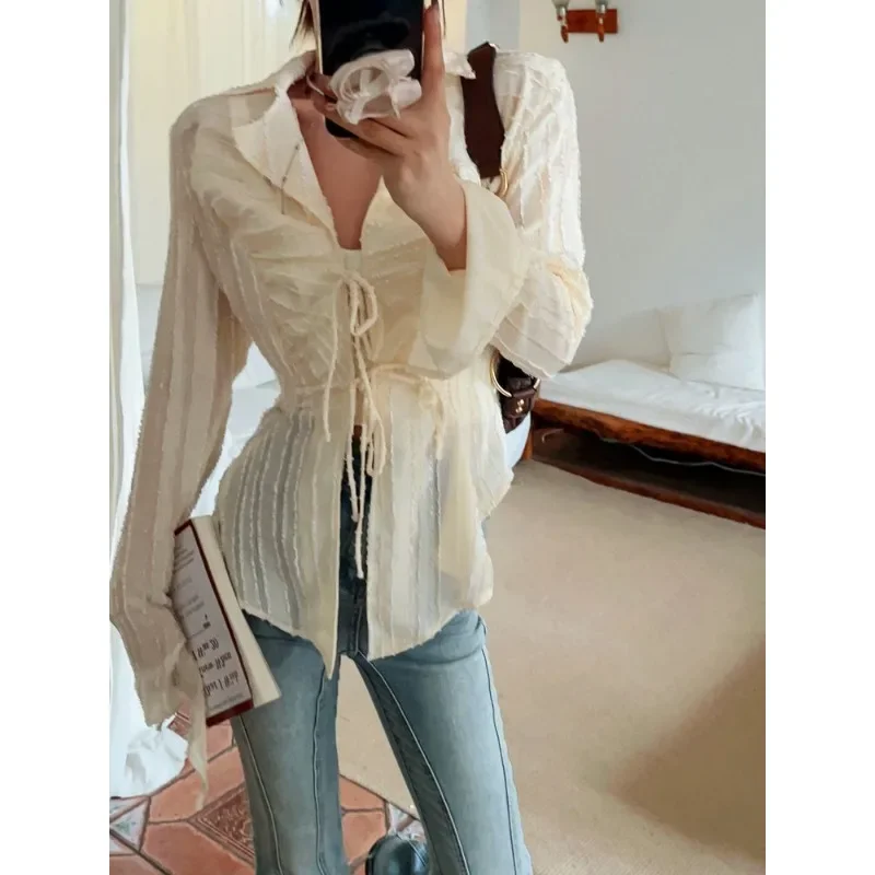 

Блузка на шнуровке с рюшами, женская блузка с длинным рукавом, новые рубашки с отложным воротником, женские укороченные топы Y2k, корейская мода, шикарные туники