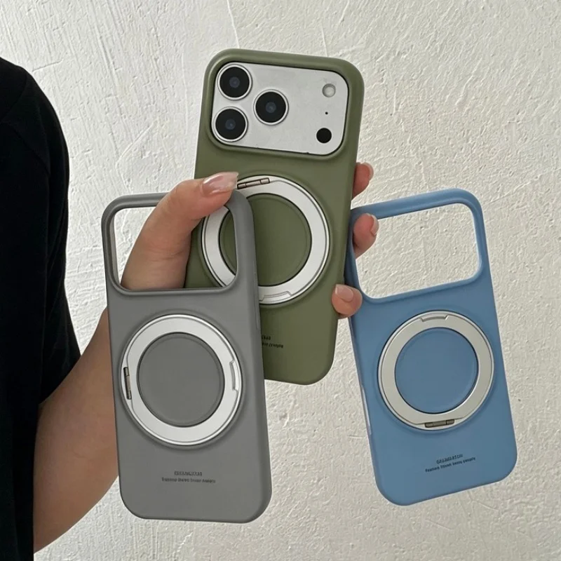 Fashion Simple Solid Color Gray Magnetic Rotation Stand Phone Case For iPhone 17 Pro 16 15 Pro Max Cover Hard Cute Cases For Mag