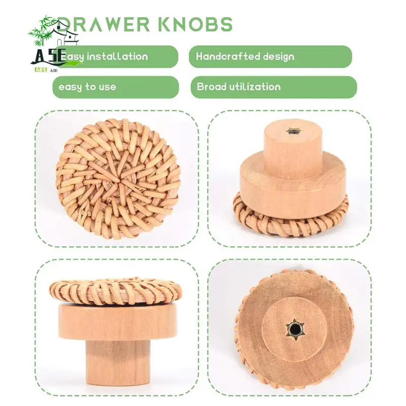 

A05E-Boho Rattan Dresser Knobs Round Wooden Drawer Knobs Handmade Wicker Woven And Screws For Boho Furniture Knobs