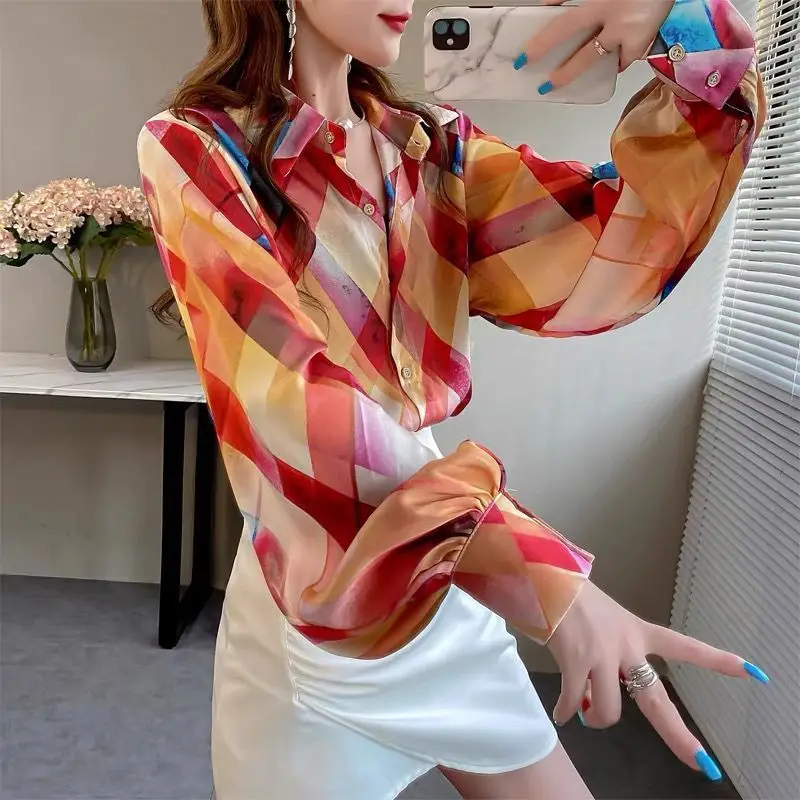 Women\'s Summer New Blouses Fashion Chic Printed Plaid Polo Collar Loose Original Design Lantern Sleeves Single-breasted Shirts