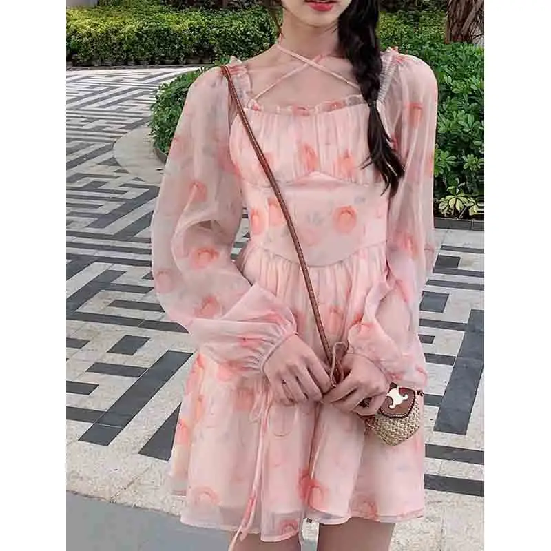 

French Fairy Pink Floral Dress Slash Neck Print Drawstring Spring Summer New A-line Slim Gentle Long Sleeved Chiffon Dresses