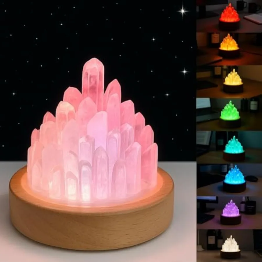 

Clear Quartz Night Light - Healing Crystal Night Light Natural Crystal Bedside Lamp with Wooden Base, USB Port, Soft Warm Glow