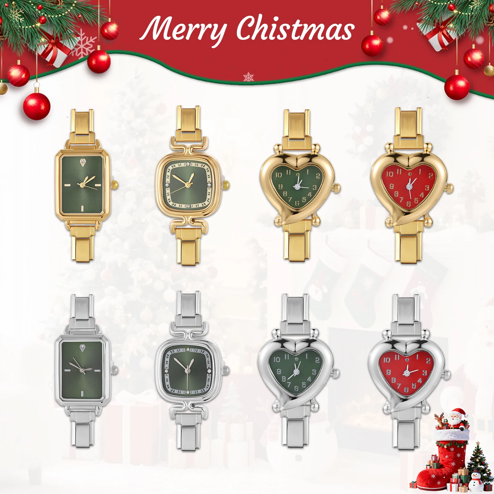Wholesale Green Red Watch Dial Women's High Quality Stainless Steel Heart Watch Bracelet For Friend Wife Christmas Jewelry Gifts