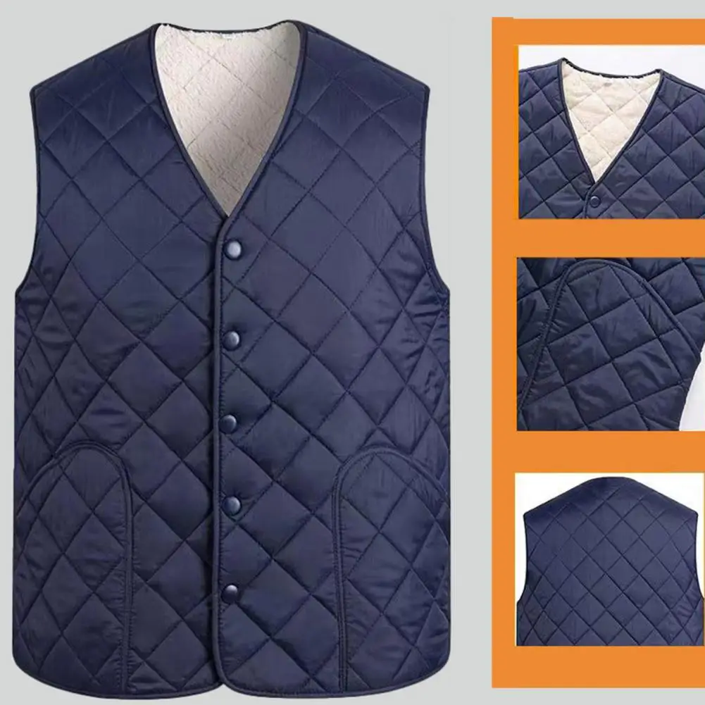 Chaleco de algodón para hombre, chaleco de algodón acolchado con cuello en V y forro grueso de felpa, diseño de un solo pecho, cálido para el frío