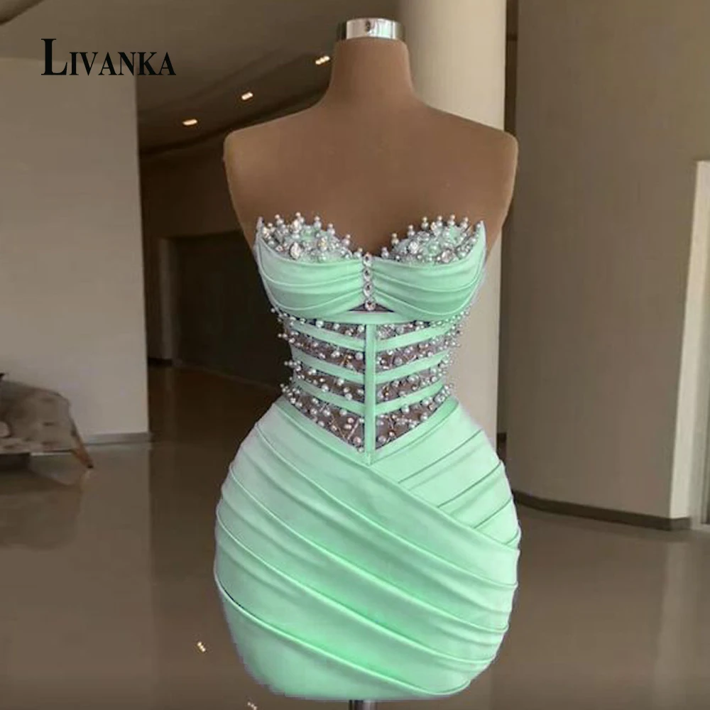 LIVANKA  Fashionable Sheath Homecoming Dresses For Women Pearls Pleat Ruched Satin Vestidos De Festa Customized Plus Size