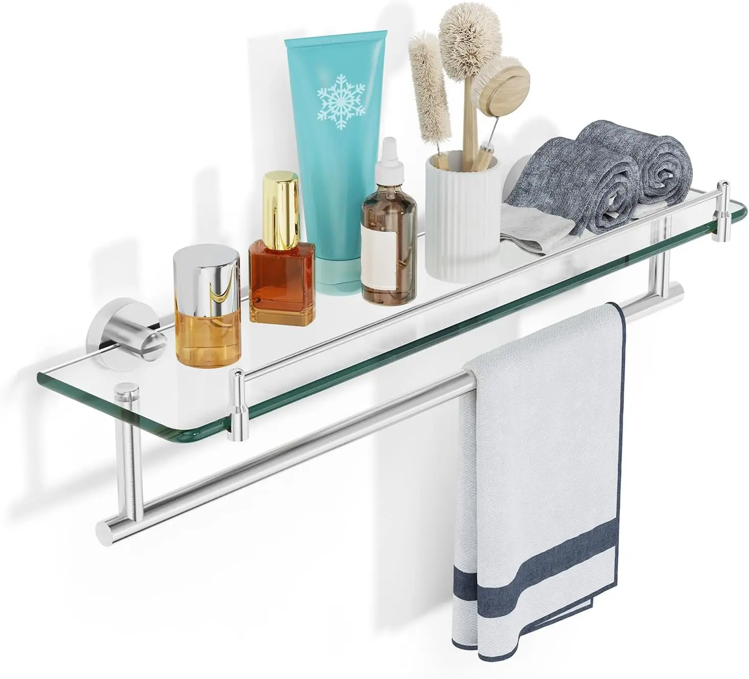 

20-Inch Tempered Glass Bathroom Shelf with Towel Bar, Brushed Nickel Stainless Steel Wall Mount Rustproof Holder