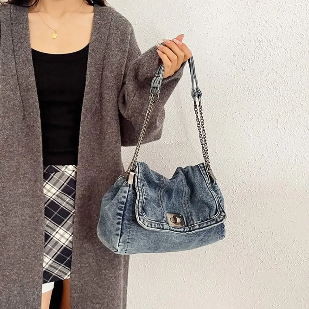 

Shoulder Bag Denim Canvas Bag Metal Chain Large Capacity Vintage Handbag Street Style Solid Color Solid Crossbody Bag Girl