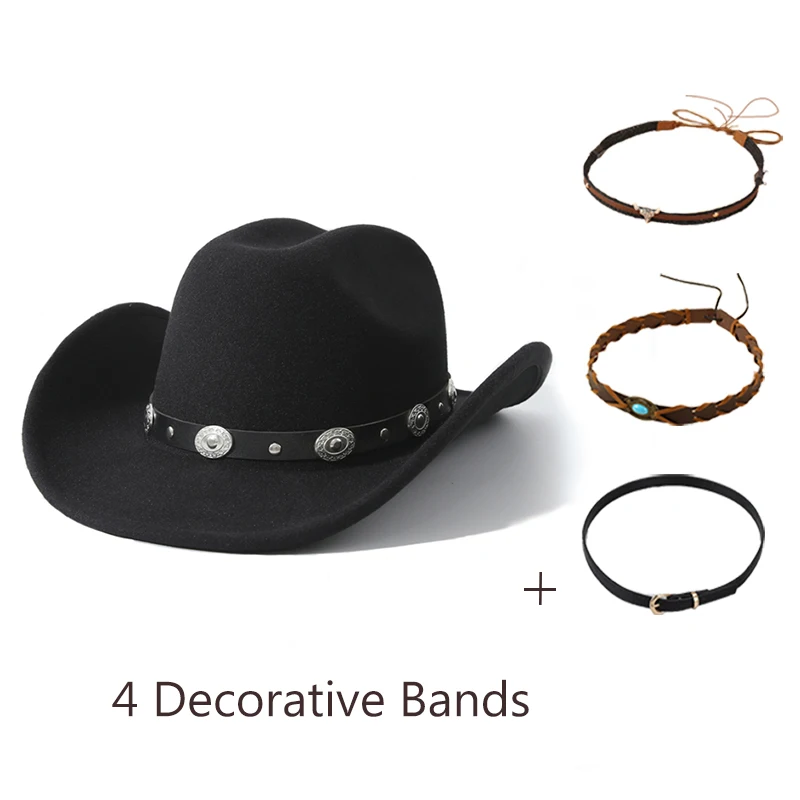 2024 Fashion Western Cowboy Hat With 3 Dec Bands DIY Women Men Black Fedora Hats Leather Jazz Hats Party Gifts Dropshipping