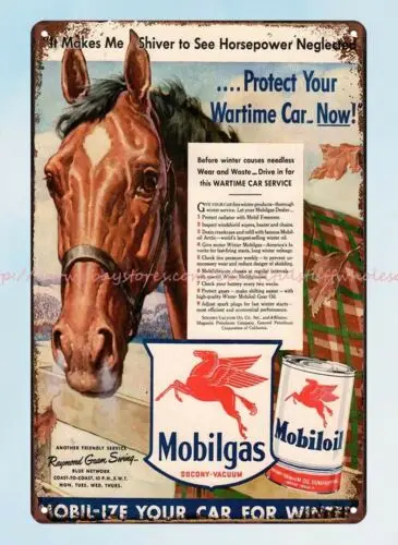 retro tin signs 1942 WWII MOBIL oil gas wartime Gasoline Horse metal tin sign