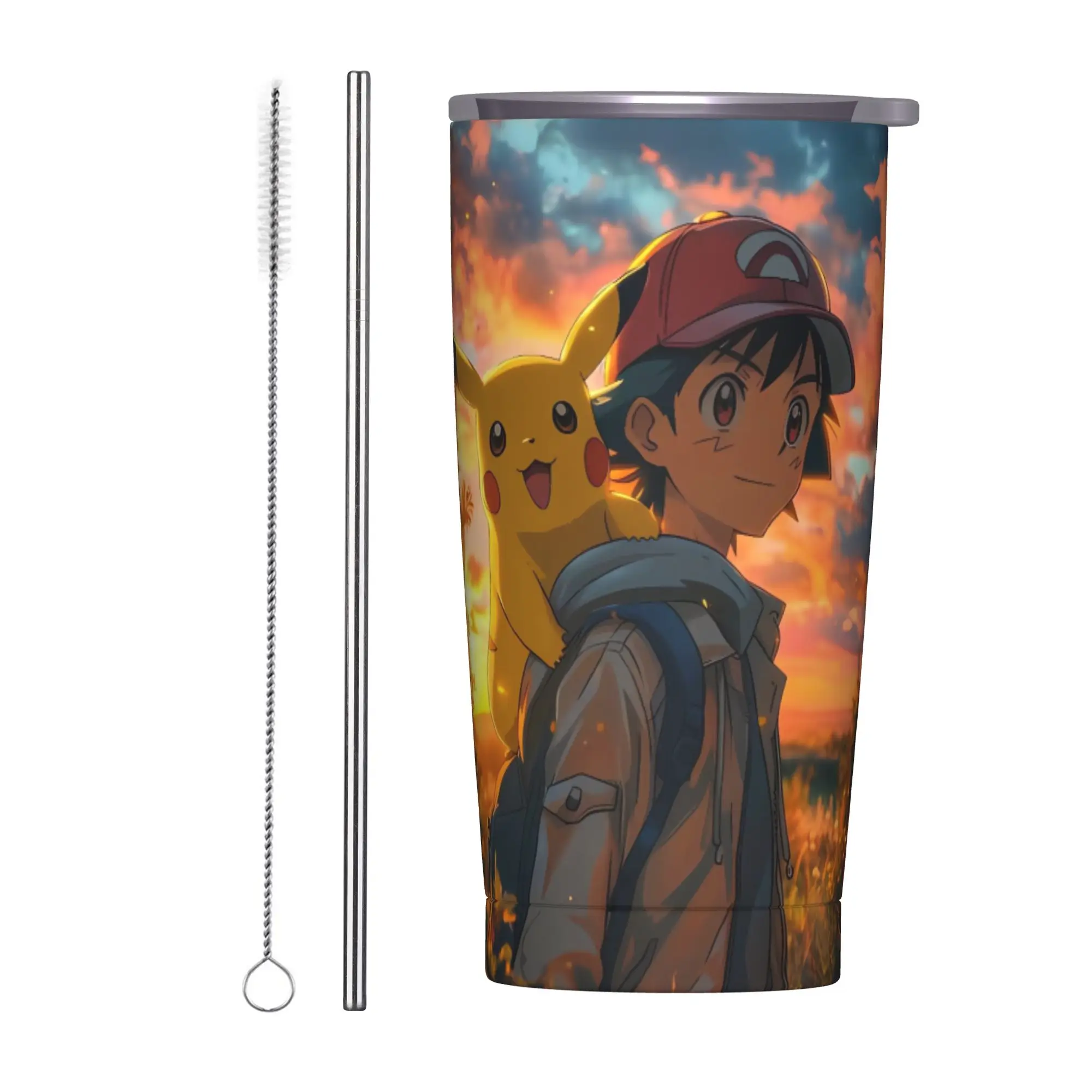 

Stainless Steel Tumbler P-Pikachu Mugs Cup With Straws Travel Cold and Hot Water Bottle Leakproof Large Capacity Coffee Mug