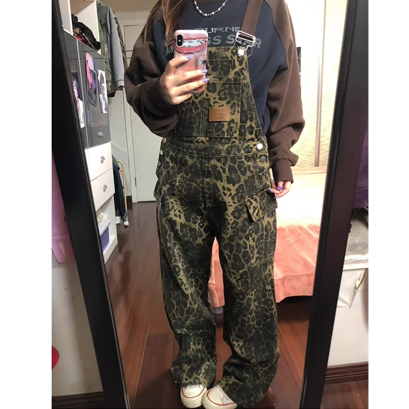 Overalls Pants Women's Suspender Jeans Spring Plus Size Streetwear Baggy Pants Vintage Leopard Print Mom Denim Braces Trouser