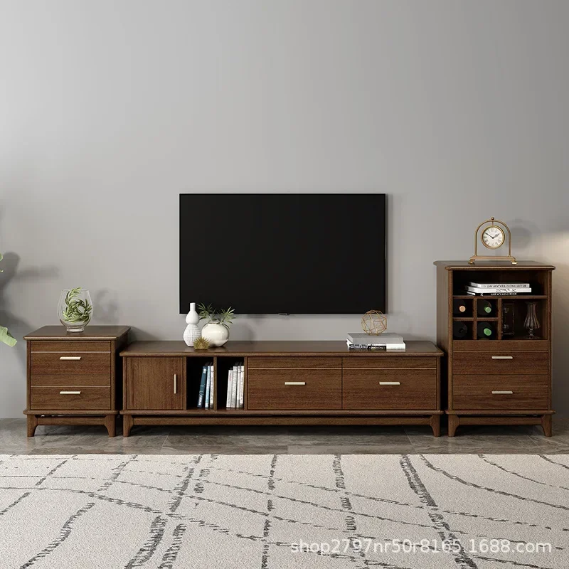 Walnut TV Cabinet Modern Solid Wood Nordic Living Room Wall Cabinet Tea Table Combination Storage Floor Cabinet