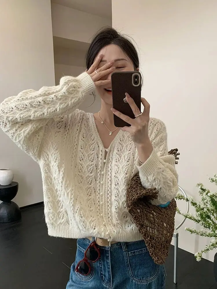 

White V-neck Hollow Knitted Cardigan Women Spring Korean Fashion Clothing Gentle Solid Color Long Sleeve Top