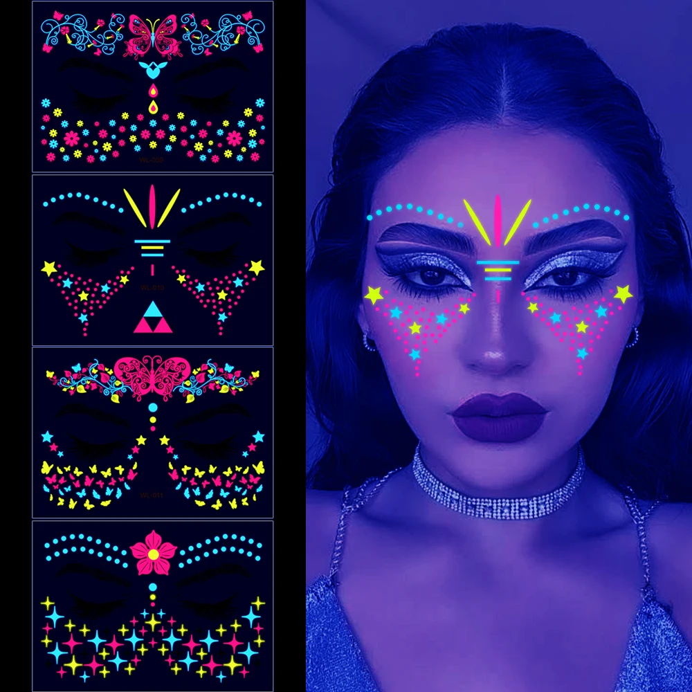 8/4pcs Neon UV Fluorescent Face Tattoo Stickers Waterproof Temporary Fake Tattoos Wedding Birthday Party Bar Tattoo Face Sticker