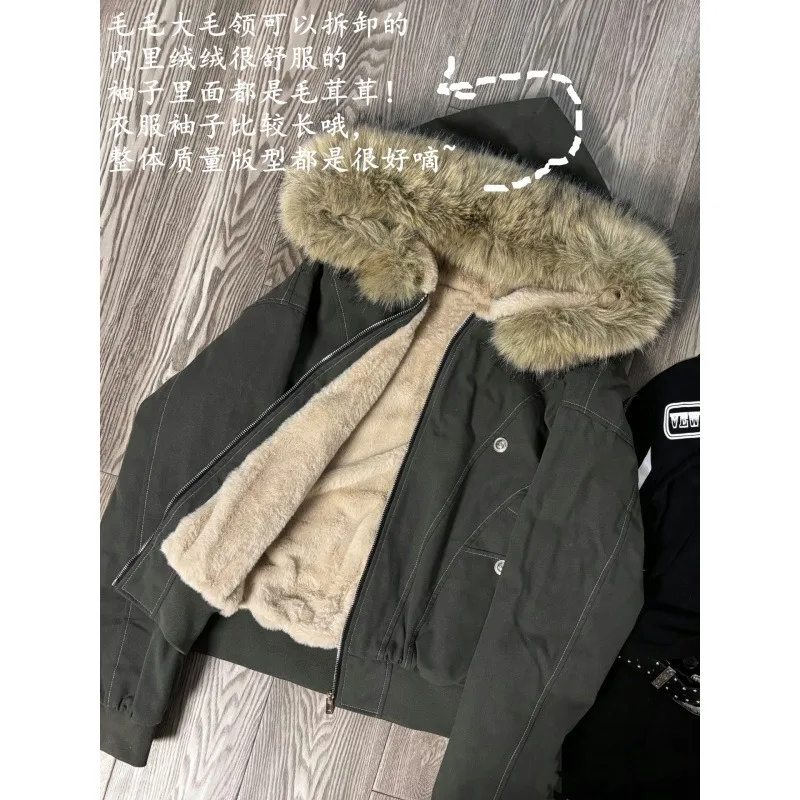 New Women's Down Cotton Jacket Winter Warm Tooling Padded Jacket Female Casual Hooded Fur Collar Parker Outerwear Cotton Clothes