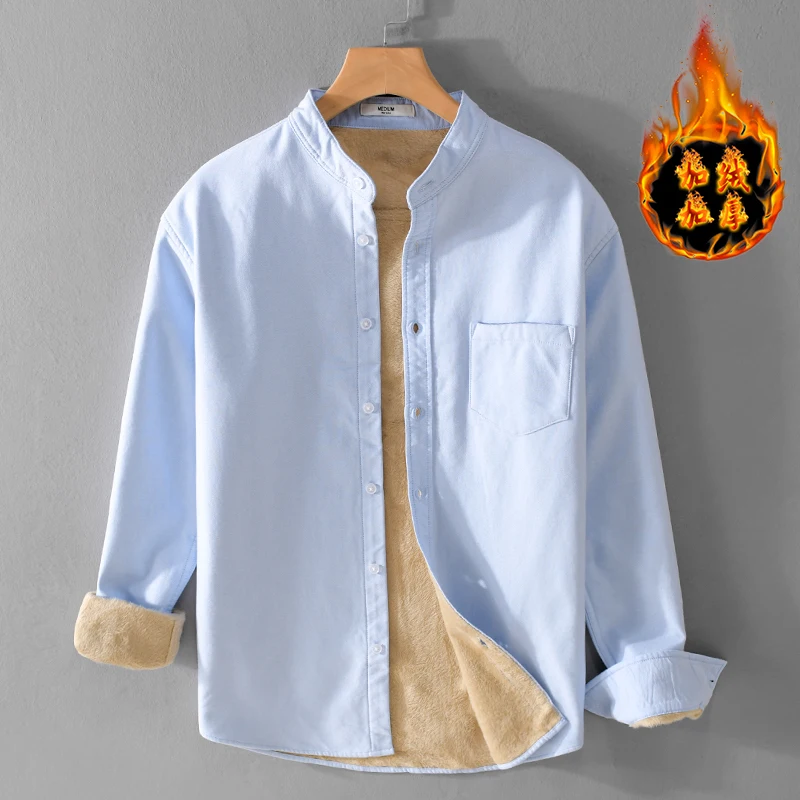 Zagęszczone ciepłe koszule bawełniane z kołnierzykiem stojącym Plus Size Mężczyźni Trend marki Francuski stylowy top z długim rękawem Odzież 5Color Chemise Homme