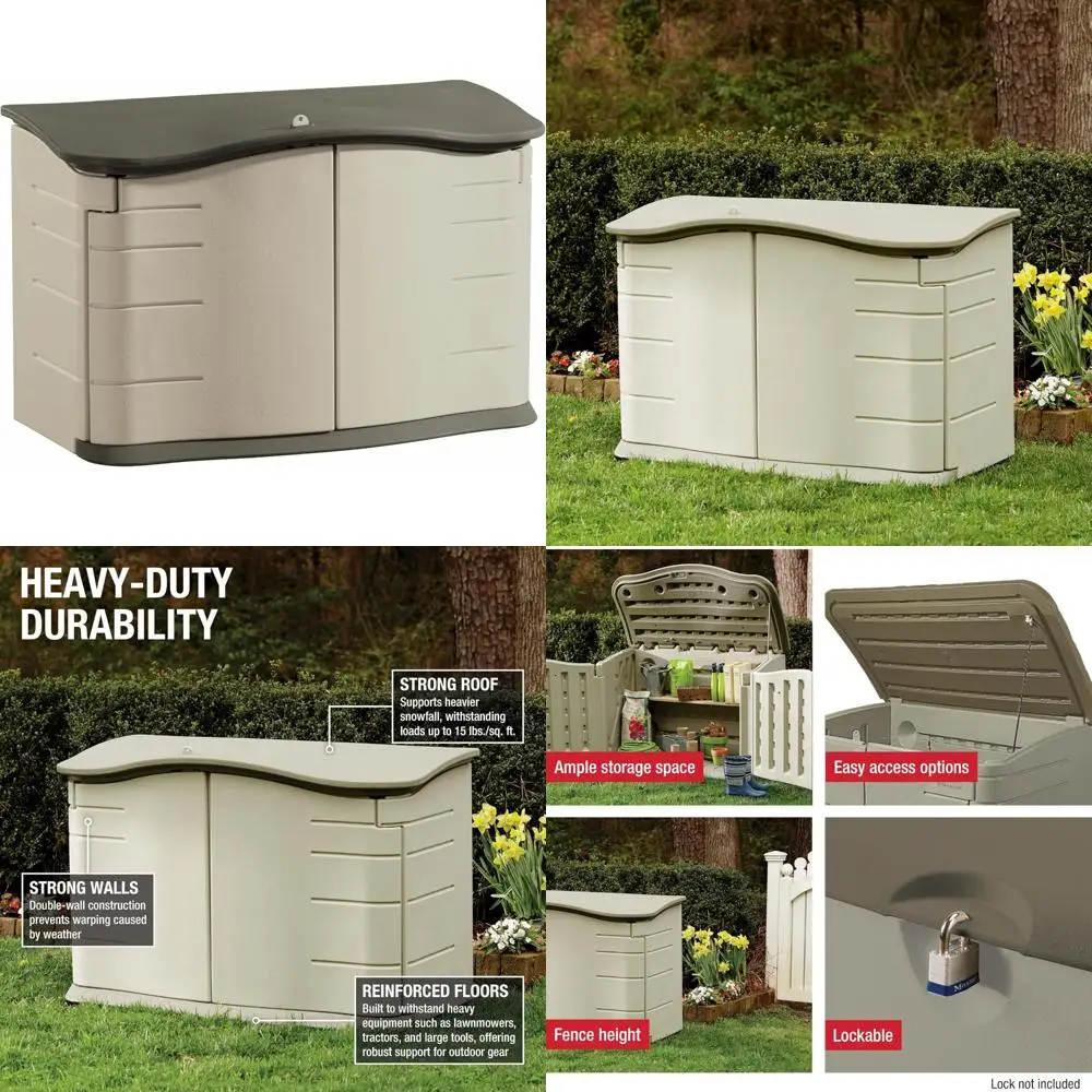 

Устойчивый к атмосферным воздействиям навес для хранения на открытом воздухе из бежевой/коричневой смолы, горизонтальный дизайн с пол, 4,5 x 3 фута для организации