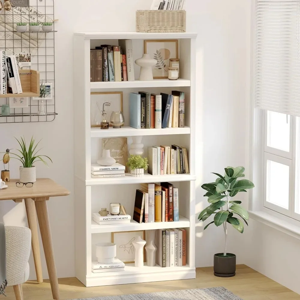 5 Tier Tall White Wood Bookcase 33 Inch Wide Adjustable Shelves Floor Standing 70 Inch High for Home Office Living Room