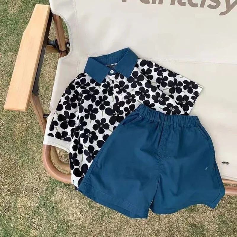 Conjunto De camisa De flores para niños, pantalones cortos Retro De manga corta para bebés, conjunto De dos piezas, Ropa para niñas, Ropa para niños, Ropa De Niña