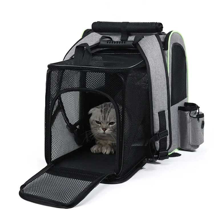 Katzen- und Hunderucksack, erweiterbar, groß, tragbar, atmungsaktiv, mit Vorderöffnung, Netzfenster und Taschen – Detail 11